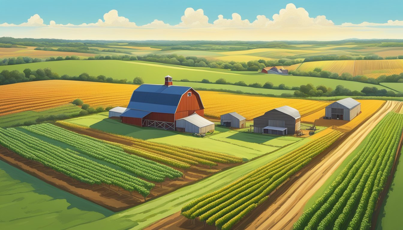 A sprawling Texas farm with rows of crops, grazing livestock, and a farmhouse surrounded by open fields under a bright blue sky