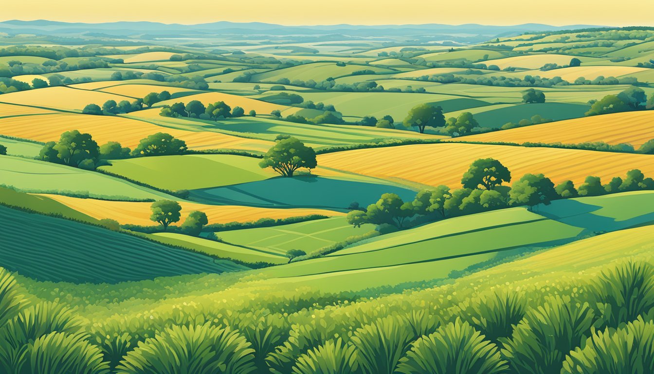 A sprawling landscape of rolling hills and open fields in Coryell County, Texas, featuring a mix of agricultural crops and grazing land, with a clear blue sky overhead