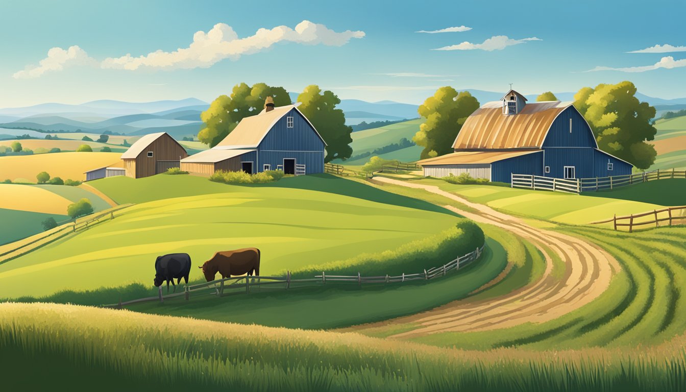 A rural landscape with a farmhouse, barn, and grazing livestock surrounded by fields and rolling hills under a clear blue sky