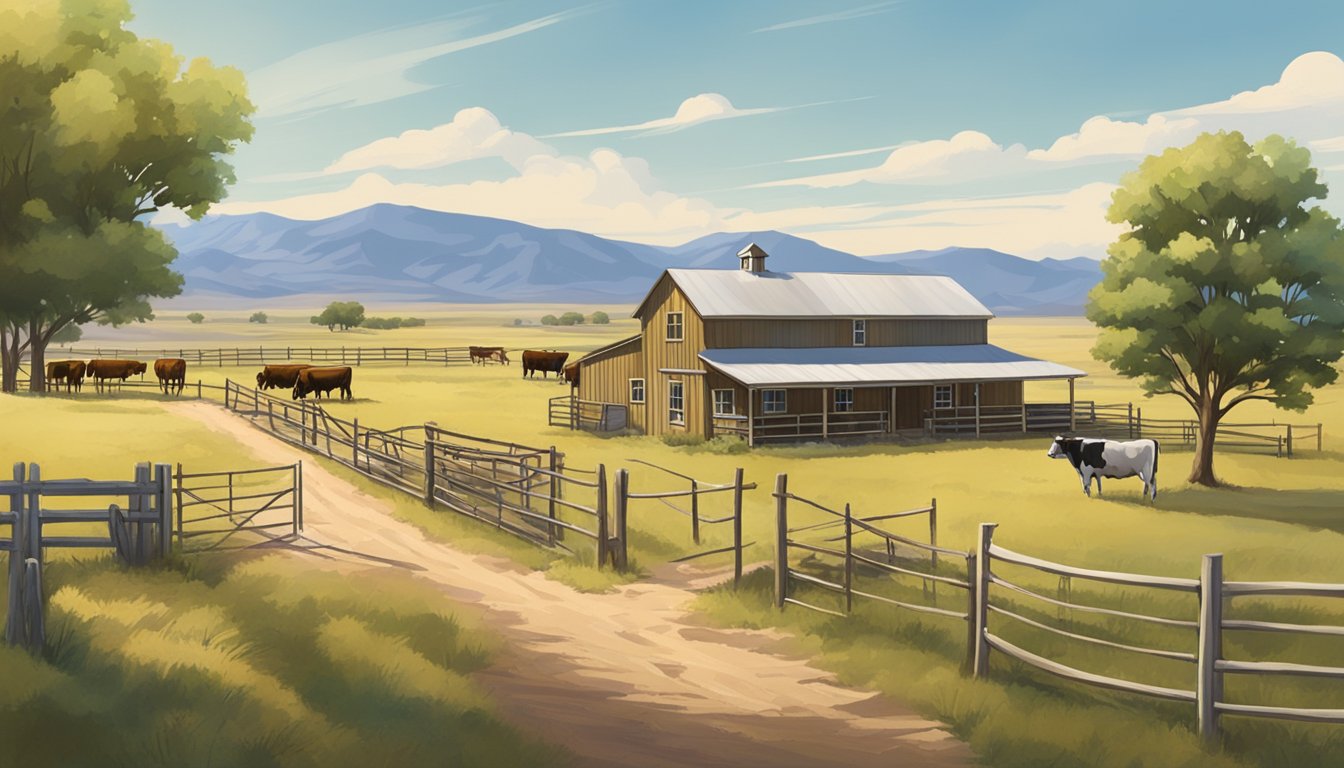 A ranch in Colorado County, Texas with cattle grazing in a field, surrounded by fences and agricultural equipment