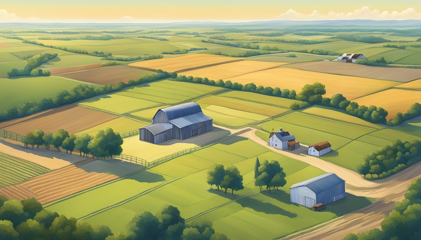 A rural landscape with a sprawling farm in Dawson County, Texas, featuring agricultural fields and livestock, under a clear blue sky