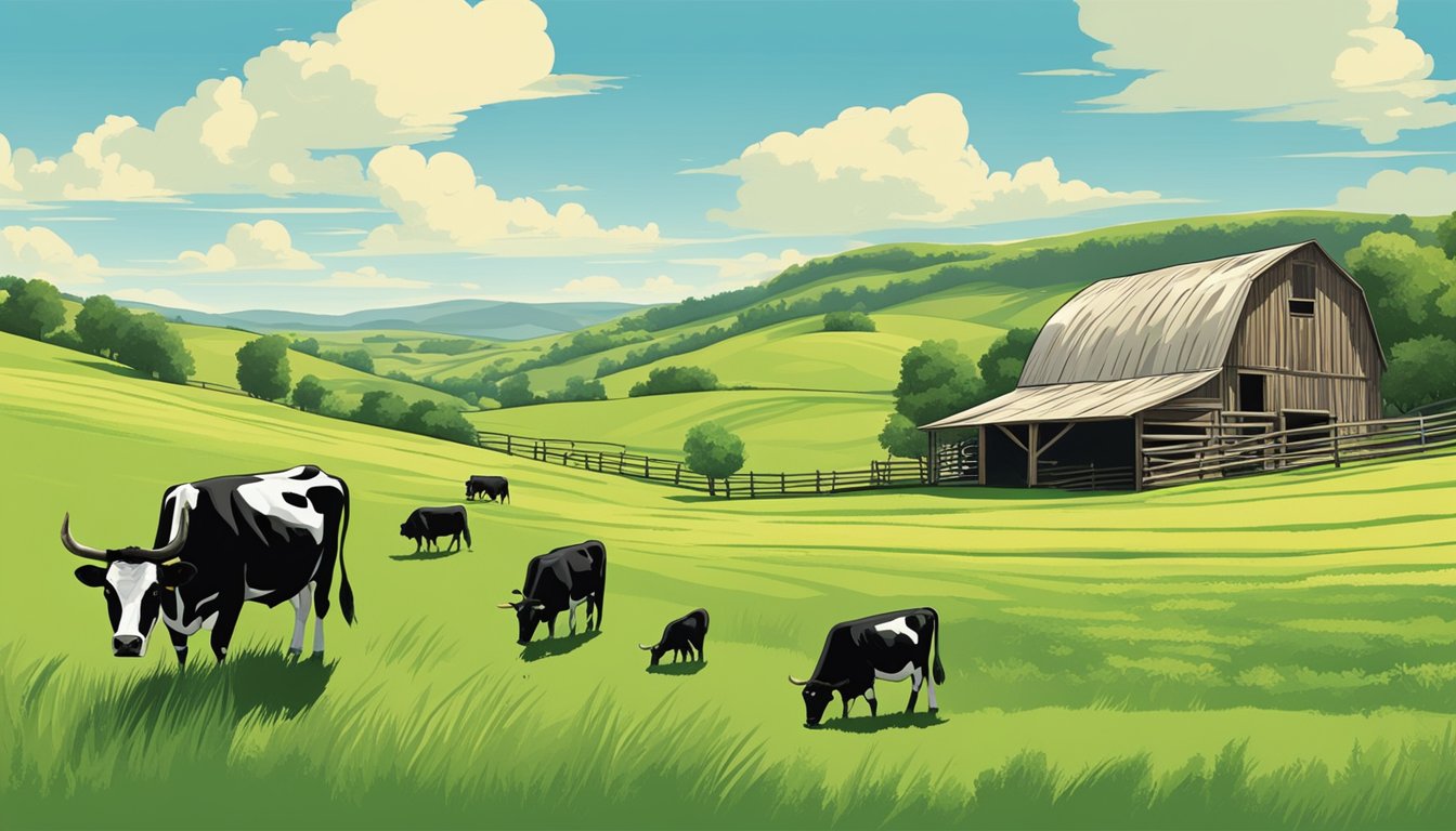 Rolling hills of green pastures with grazing cattle, a rustic barn, and a clear blue sky overhead