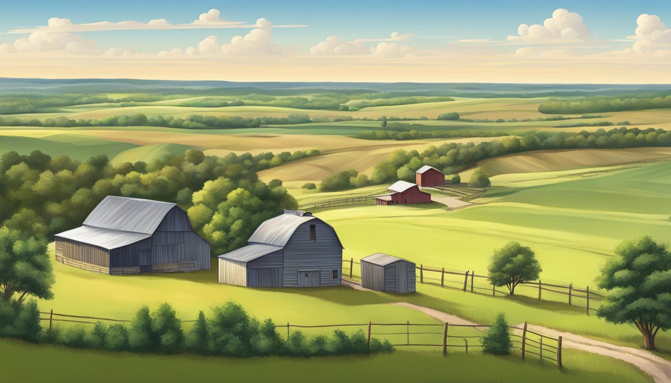 A rural landscape in Dawson County, Texas with a farmhouse, barn, and open fields for agricultural use