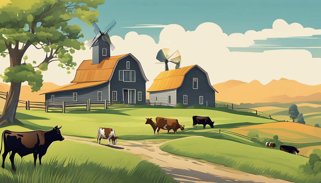 Rolling hills, cattle grazing, and a farmhouse with a windmill