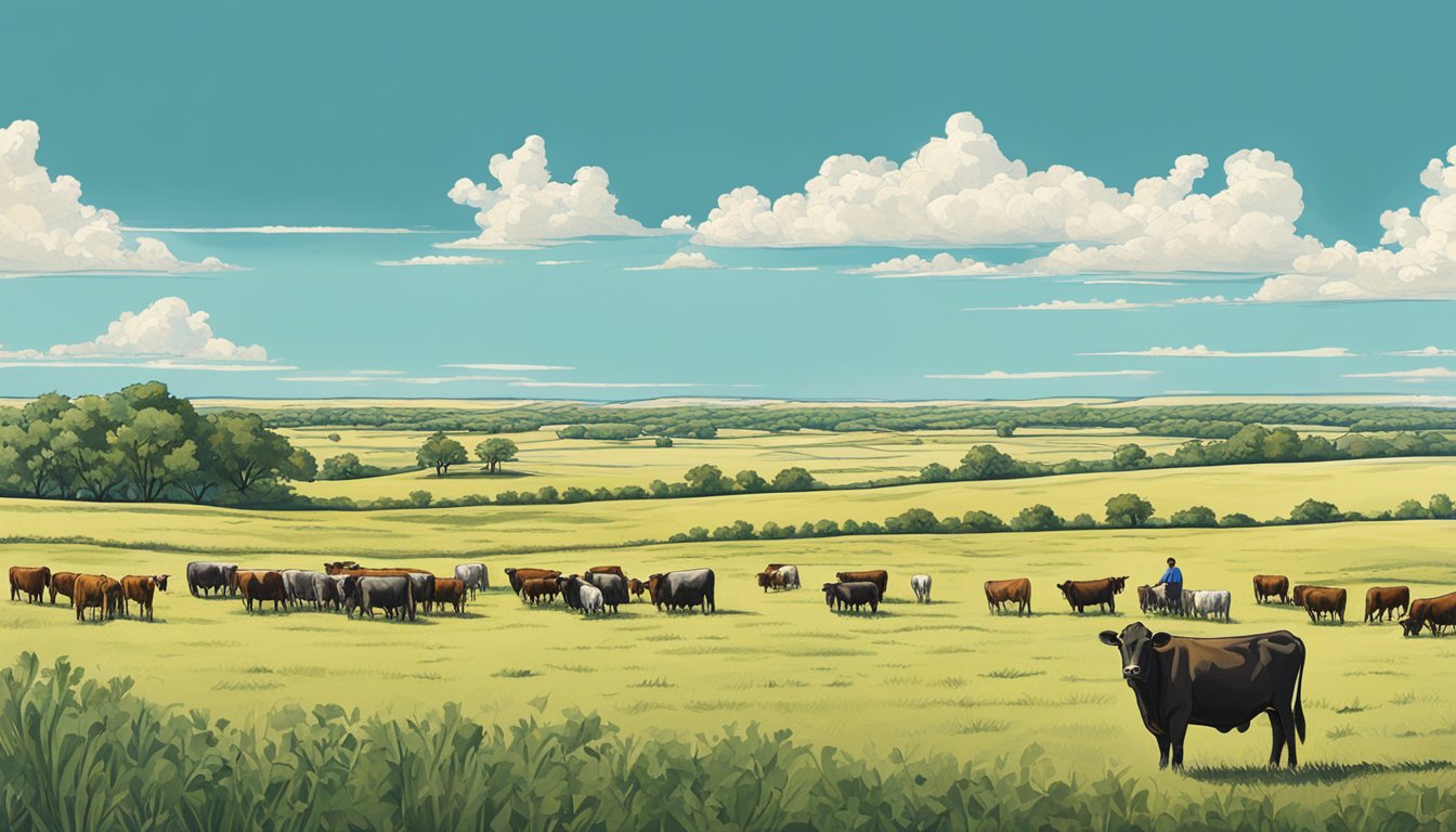 A wide open field in Dawson County, Texas, with grazing cattle and a clear blue sky, showcasing the agricultural exemption in action