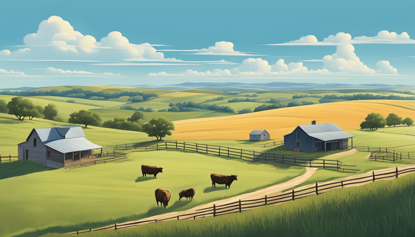 A rural landscape in Comanche County, Texas, with a farmhouse, fields, and livestock surrounded by rolling hills and a clear blue sky