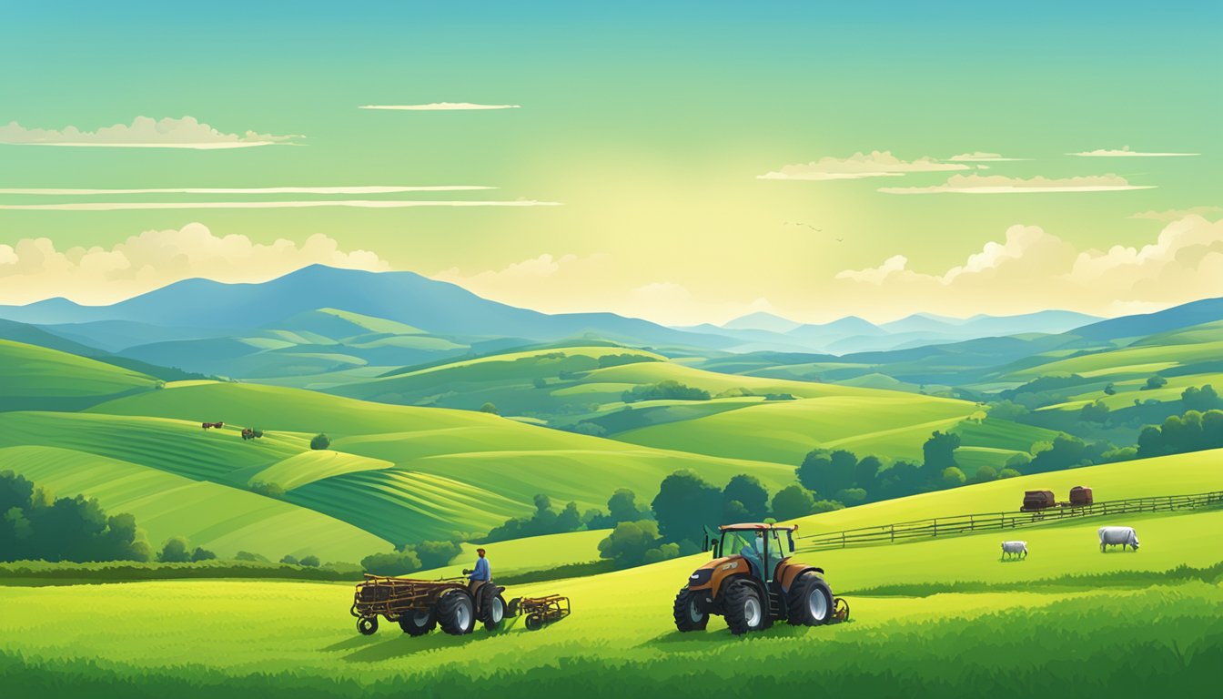 Rolling hills of green fields, dotted with grazing cattle and farm equipment, under a clear blue sky with a backdrop of distant mountains