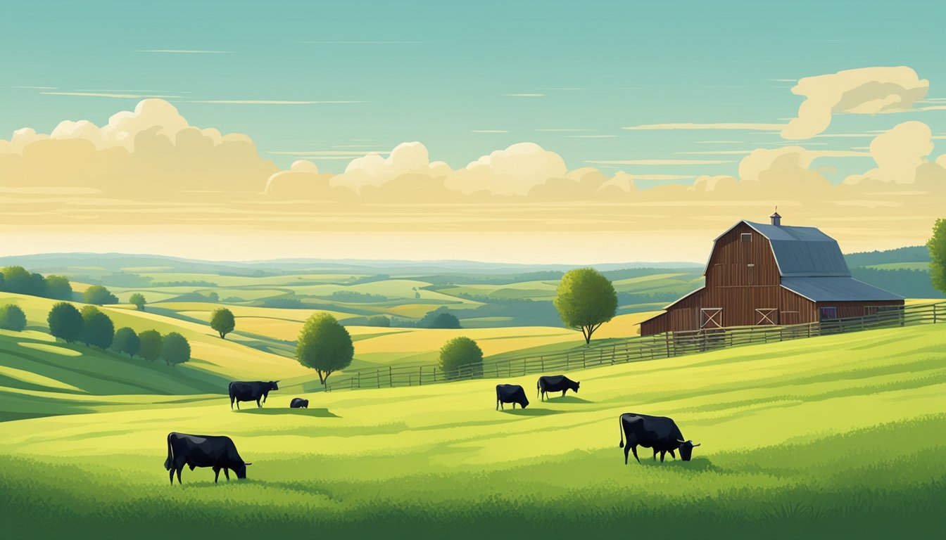 Rolling hills of green pasture dotted with grazing cattle, under a bright blue sky. A farmhouse and barn sit in the distance, surrounded by fields