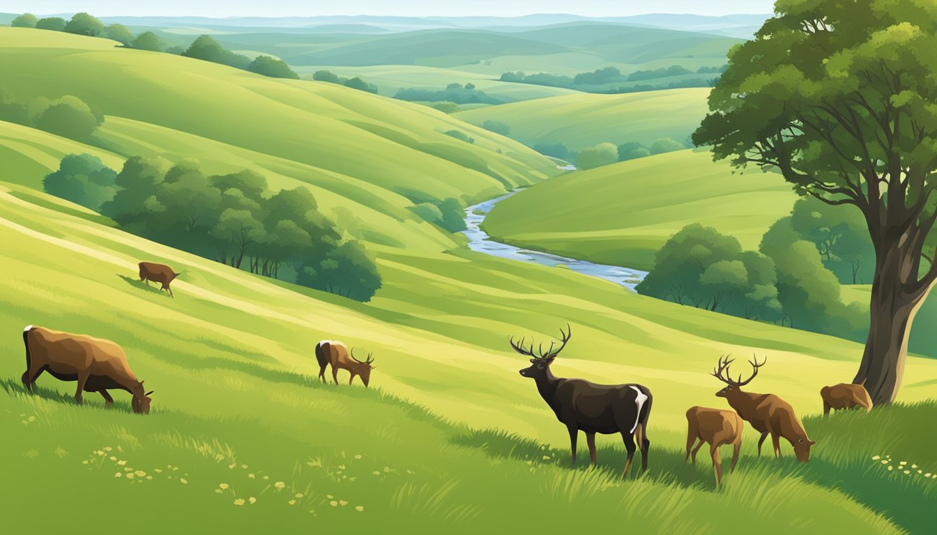 Rolling hills of grassland with scattered oak trees. Grazing cattle and deer. A small stream winds through the landscape