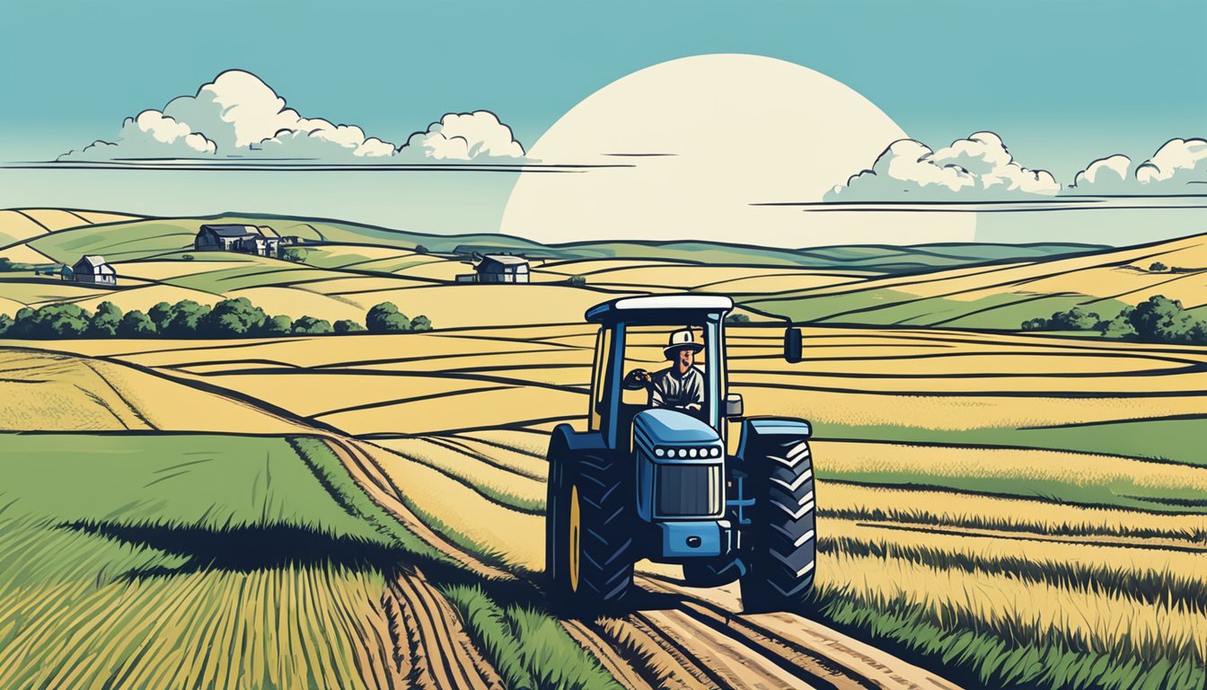 A farmer driving a tractor through a vast field, surrounded by rolling hills and a clear blue sky, with a sign indicating "Comanche County, Texas Ag Exemption."