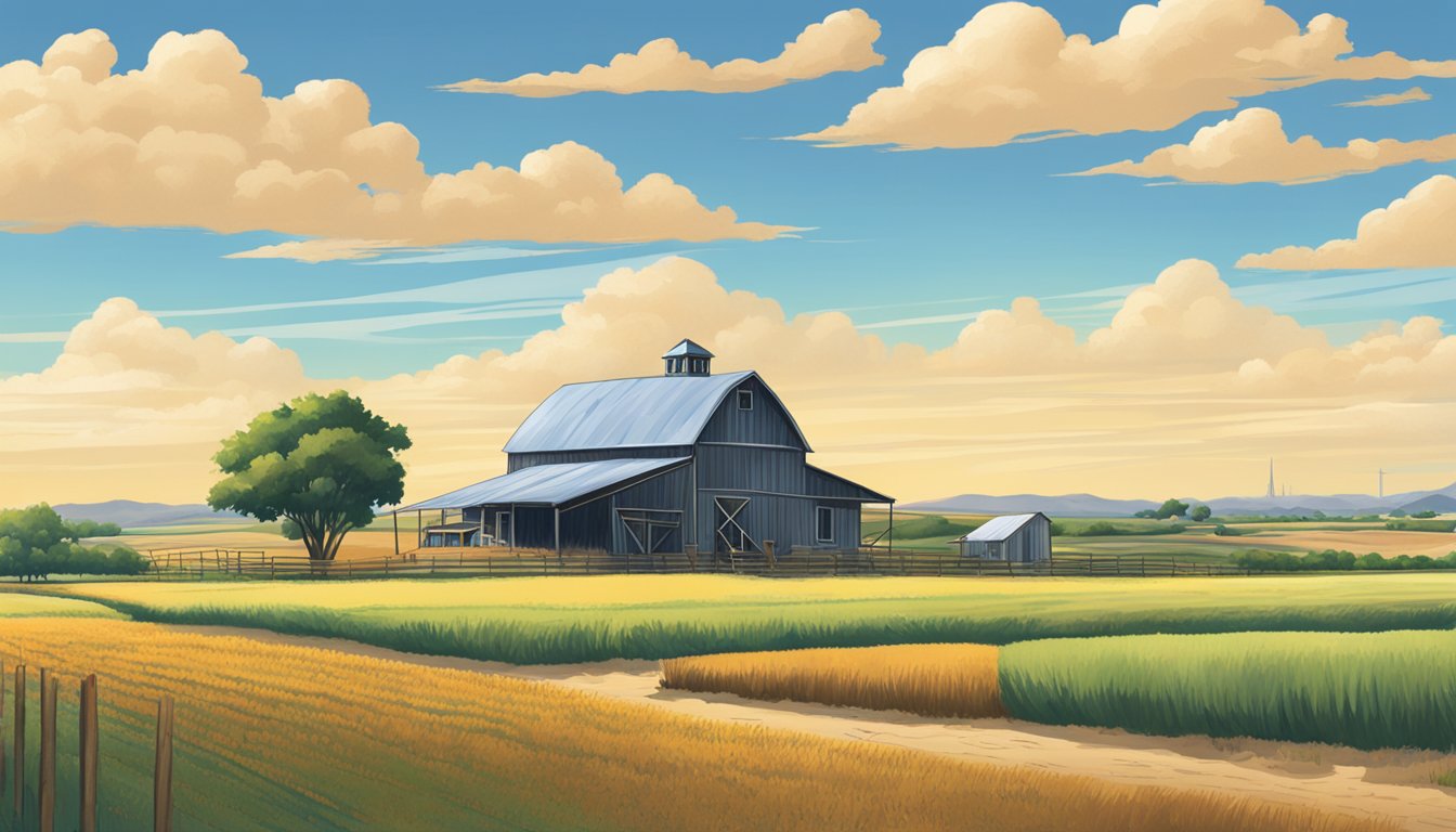 A rural landscape in Culberson County, Texas, with a farmhouse, barn, and fields of crops under a clear blue sky