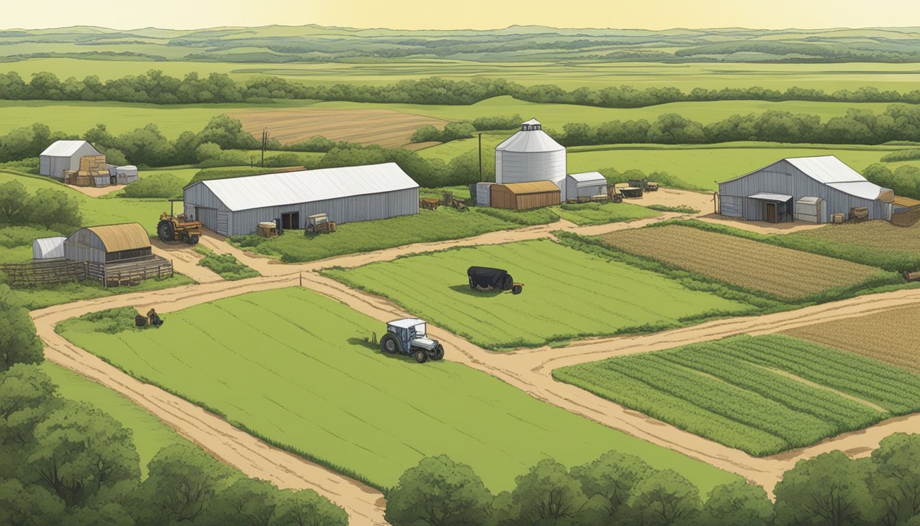 A sprawling Texas farm with fields of crops and grazing livestock, bordered by a sign reading "Coleman County Agricultural Exemptions."