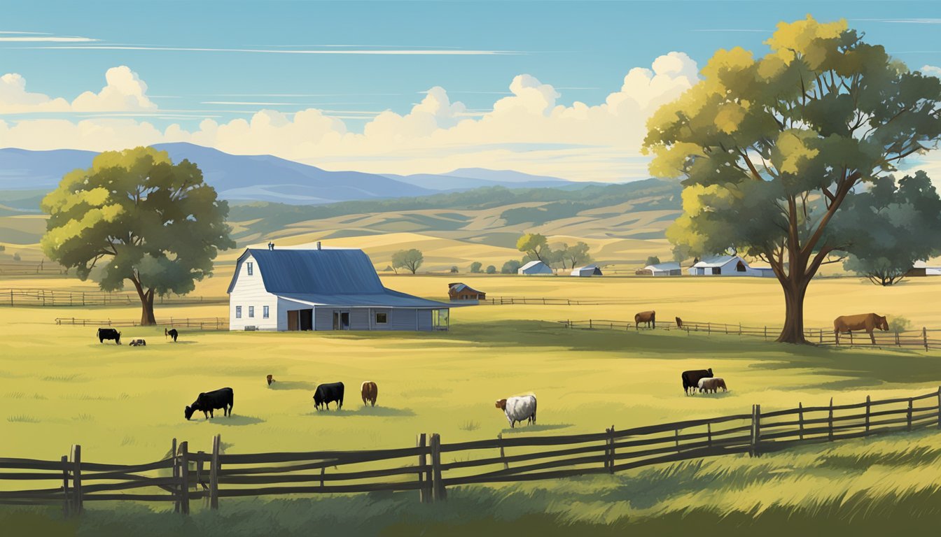 A rural landscape in Culberson County, Texas with agricultural fields, a farmhouse, and livestock grazing under a clear blue sky