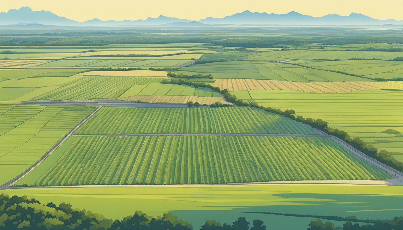 A vast expanse of farmland in Culberson County, Texas, with rows of crops and grazing livestock, under a clear blue sky