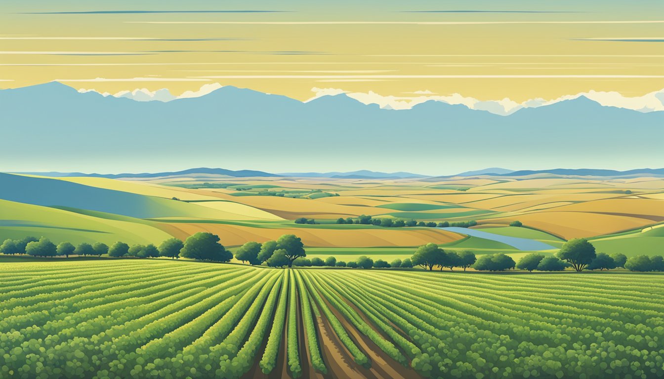 A vast expanse of farmland in Culberson County, Texas, with rows of crops and grazing livestock, surrounded by rolling hills and a clear blue sky