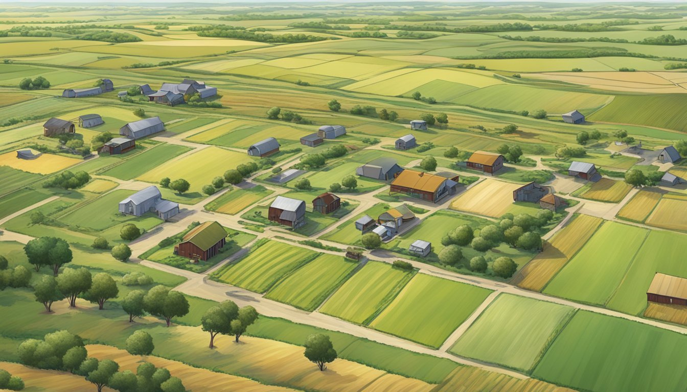 A sprawling rural landscape in Collingsworth County, Texas, with fields of crops and grazing livestock, surrounded by fences and farm buildings