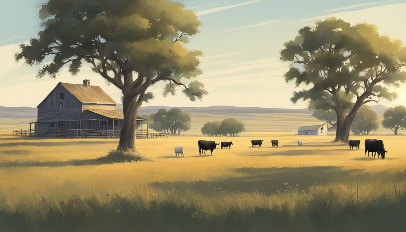 A vast, open field in Culberson County, Texas, with cattle grazing and a farmhouse in the distance