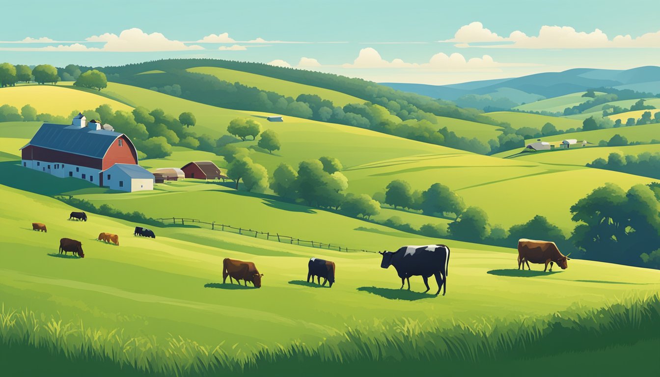 Rolling hills of green pastures dotted with grazing cattle, under a clear blue sky. A farmhouse and barn sit nestled among the fields