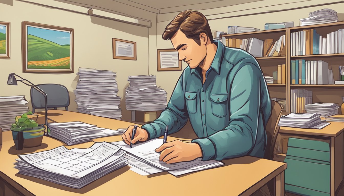 A farmer filling out paperwork in a rural office, with a stack of documents and a calendar on the desk. A county official reviews the forms