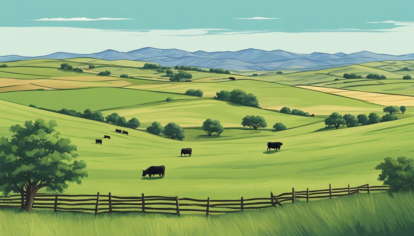 Rolling hills of green pastures with grazing cattle, a rustic barn in the distance, and a clear blue sky overhead in Collingsworth County, Texas