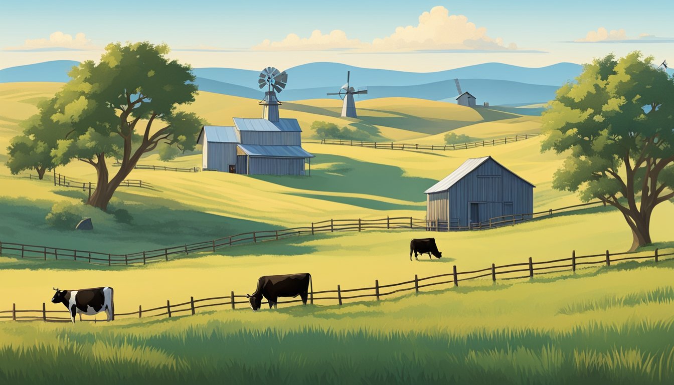 Rolling hills of Coleman County, Texas with grazing cattle, a farmhouse, and a windmill. Fenced fields and a clear blue sky