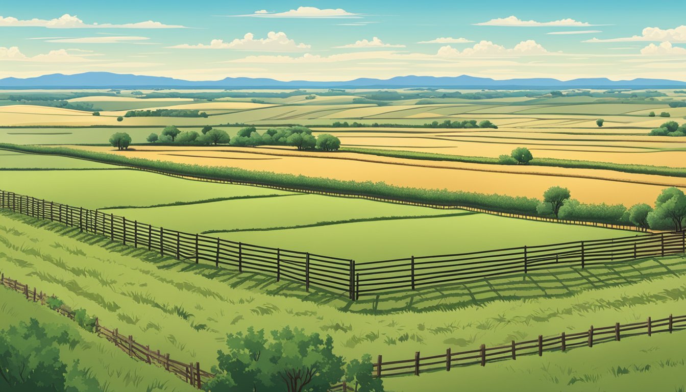 A vast expanse of farmland in Crane County, Texas, with rows of crops and grazing livestock, surrounded by a fence and under a blue sky