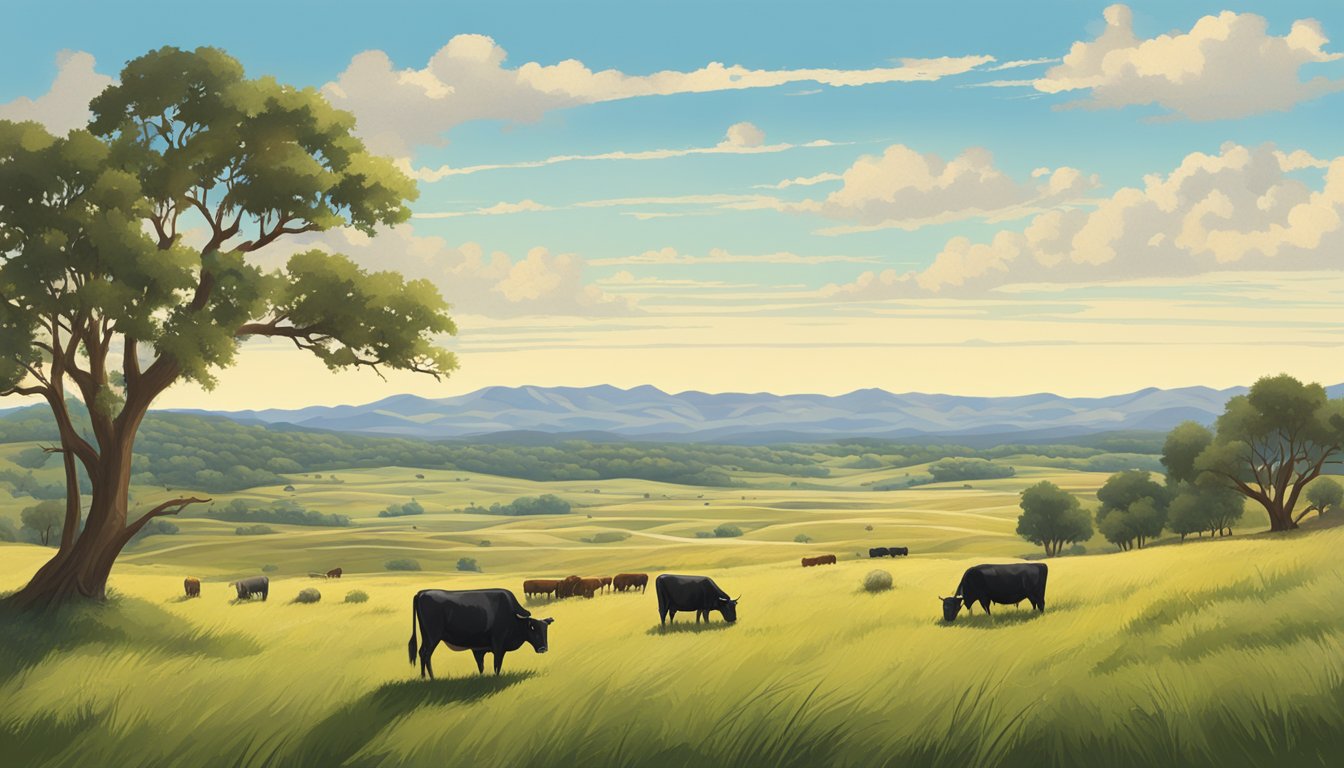 A sprawling Texas landscape with rolling hills, grazing cattle, and a clear blue sky