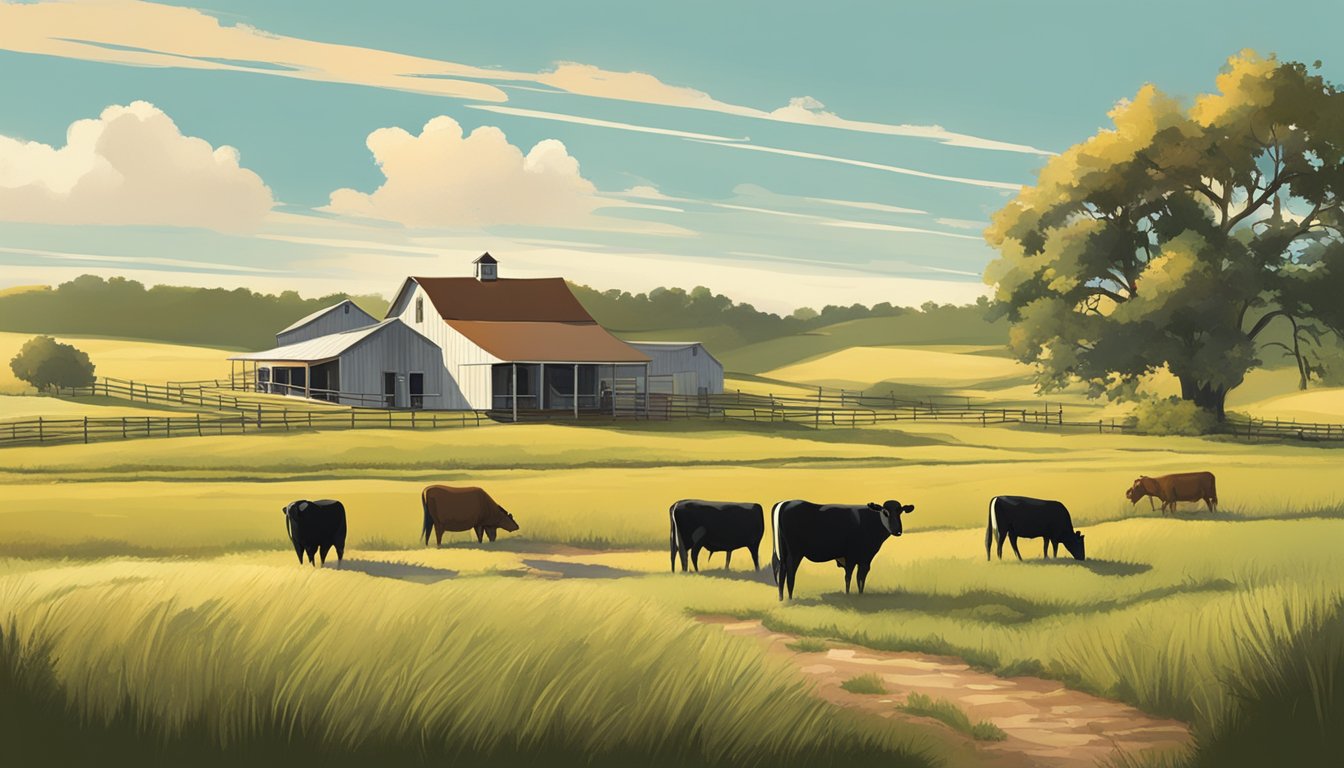 A rural landscape in Clay County, Texas, with open fields, a farmhouse, and livestock grazing