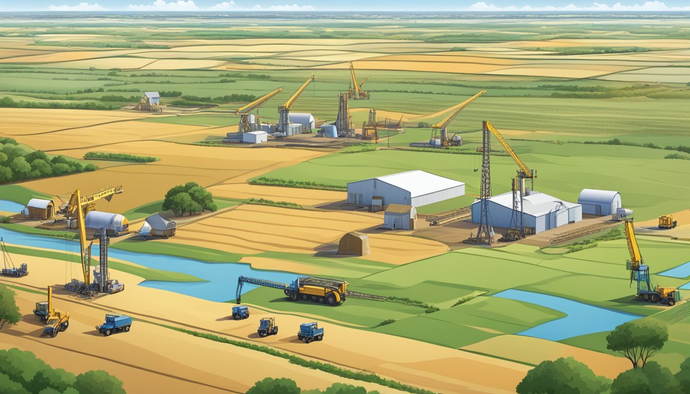 A vast expanse of farmland in Crane County, Texas, showcasing various types of agricultural production, with the iconic cranes dotting the landscape