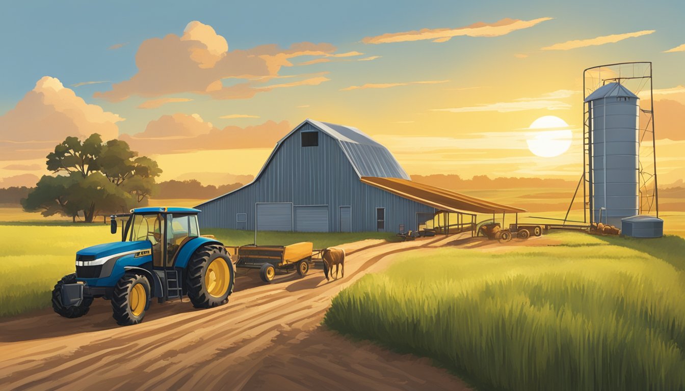 A rural landscape with a farm, livestock, and agricultural equipment under a bright sky in Clay County, Texas