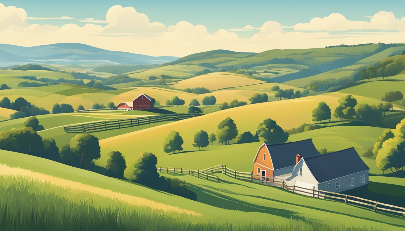 A rural landscape with a farmhouse, rolling hills, and grazing livestock under a clear blue sky