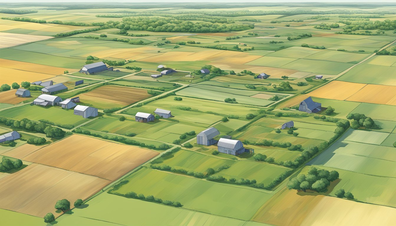 A vast expanse of farmland in Clay County, Texas, with fields of crops and grazing livestock, surrounded by fences and farm buildings