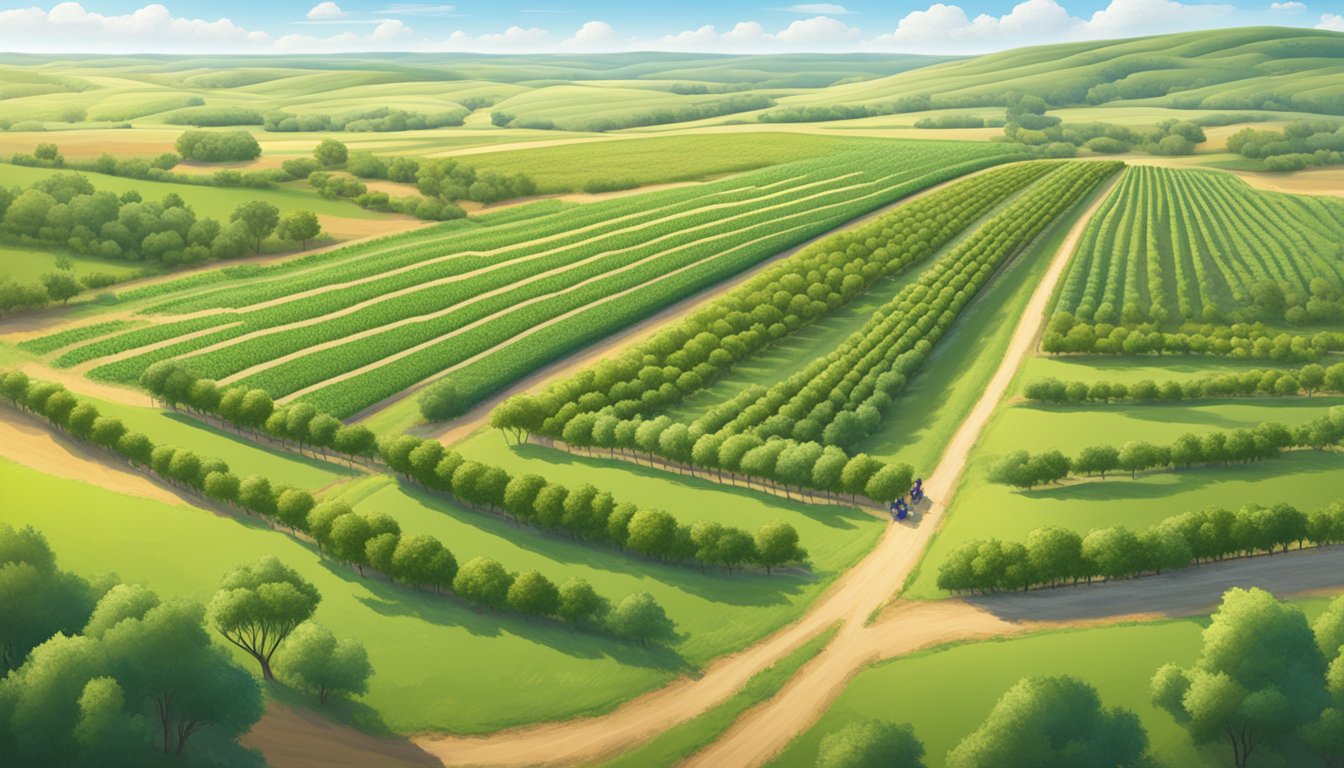 Rolling fields of grazing cattle, expansive wheat fields, and rows of fruit trees under the Texas sun