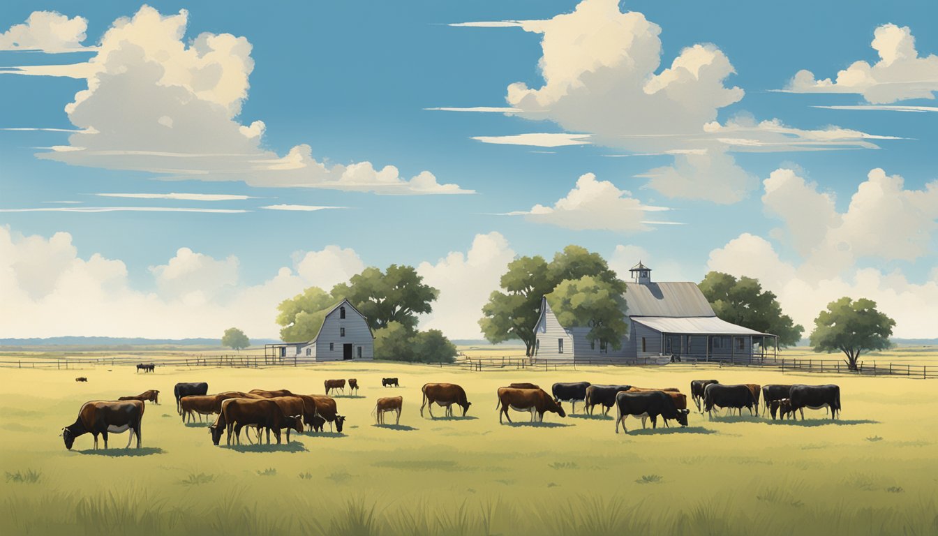 A vast, open field in Crane County, Texas, with a lone farmhouse and a herd of grazing cattle, all under a clear blue sky