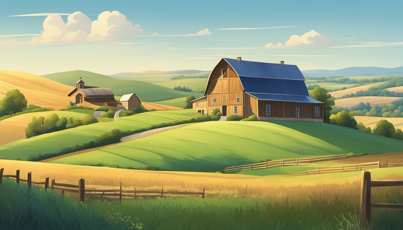 A rural landscape with a farmhouse, barn, and open fields, surrounded by rolling hills and a clear blue sky