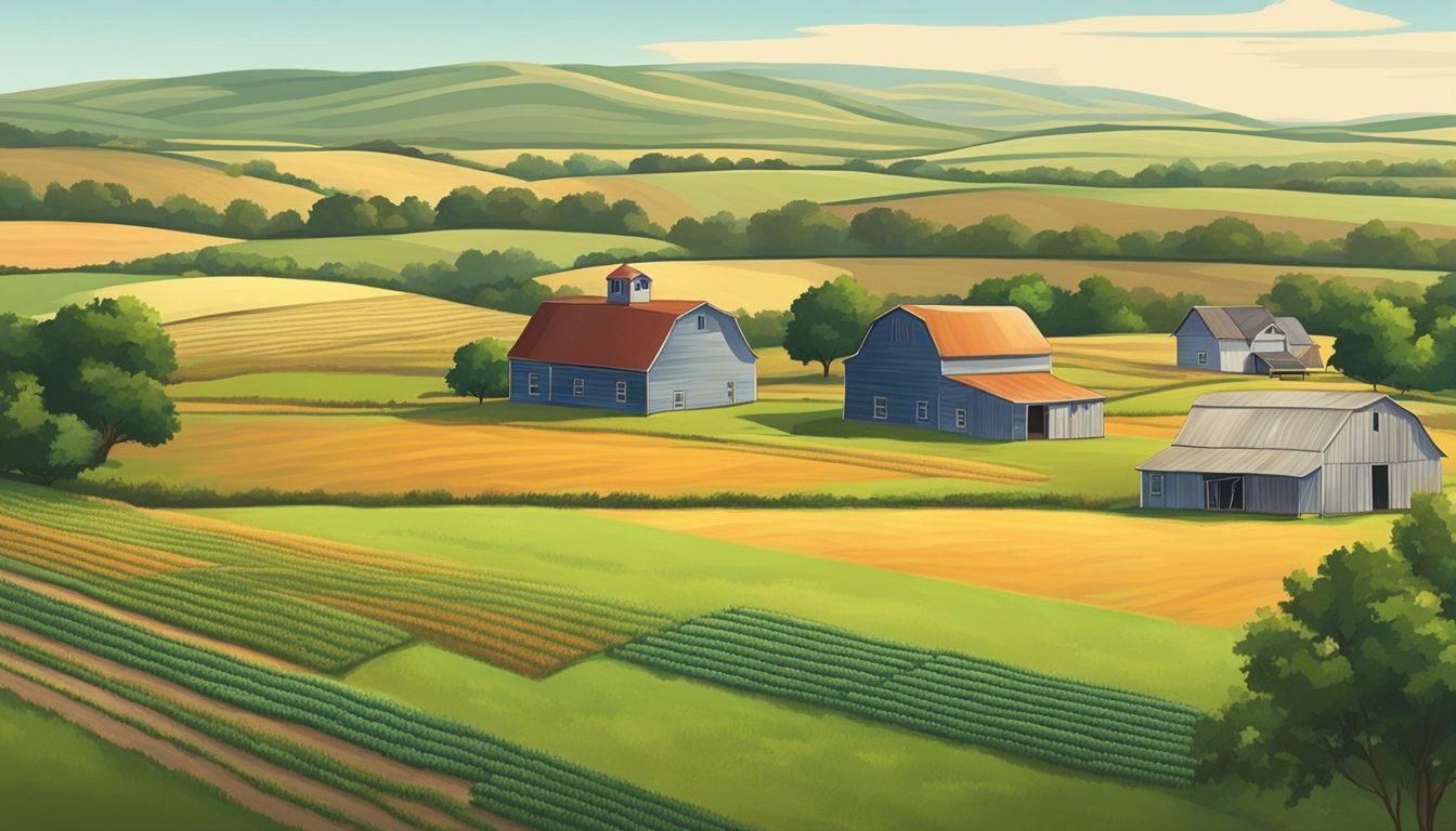 A rural landscape in Coke County, Texas with a farmhouse, barn, and fields of crops, all eligible for agricultural tax exemption