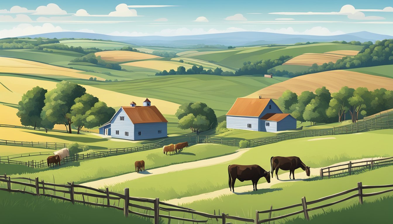 A rural landscape with a farmhouse, barn, and grazing livestock under a clear blue sky