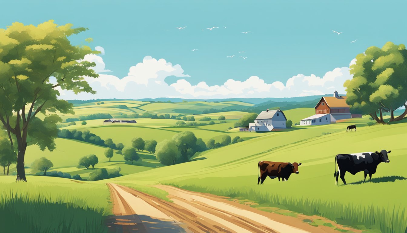 Rolling hills of farmland under a clear blue sky, with cattle grazing and a farmhouse in the distance