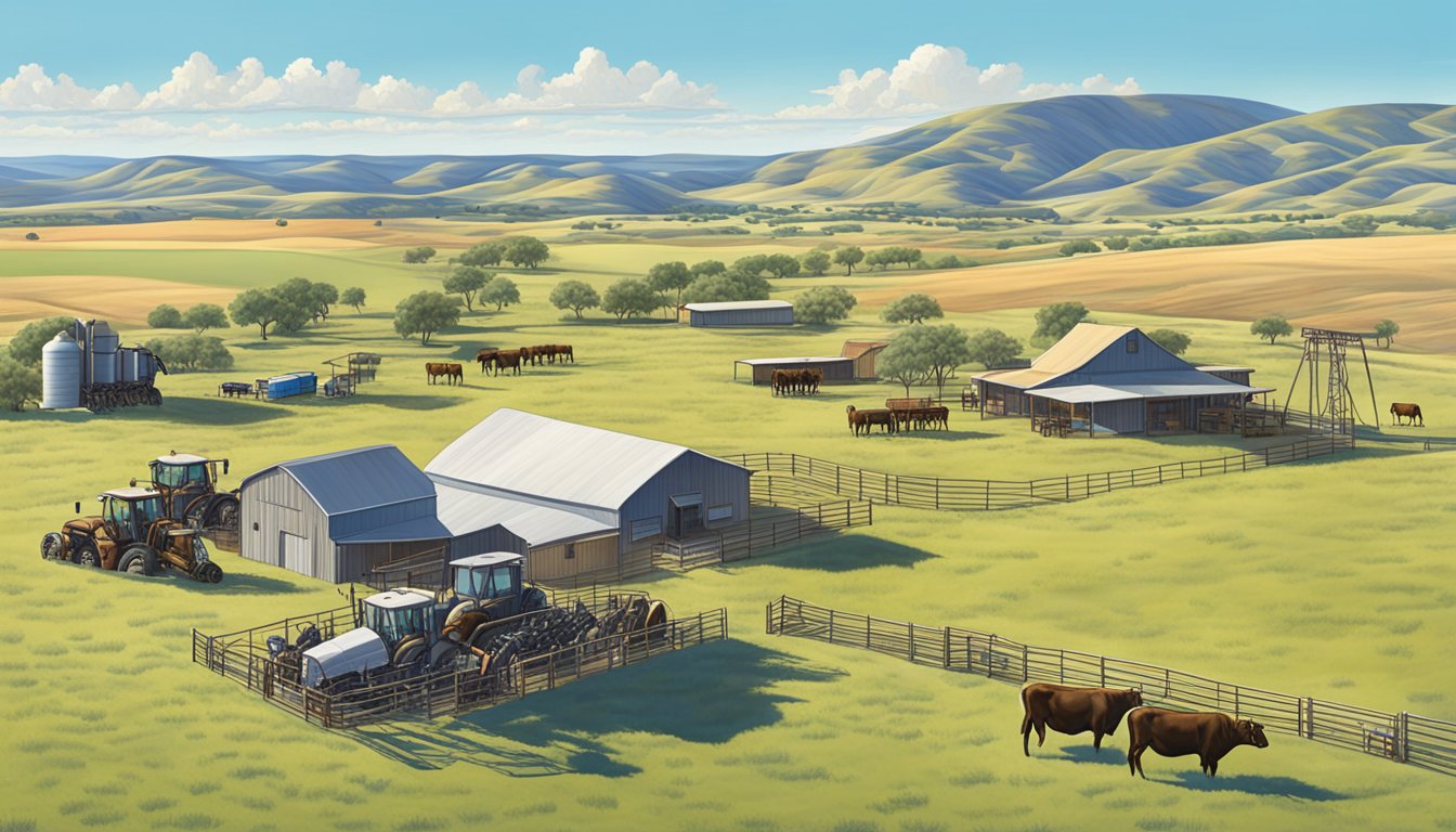 An expansive ranch in Coke County, Texas with grazing cattle and agricultural equipment, surrounded by rolling hills and clear blue skies