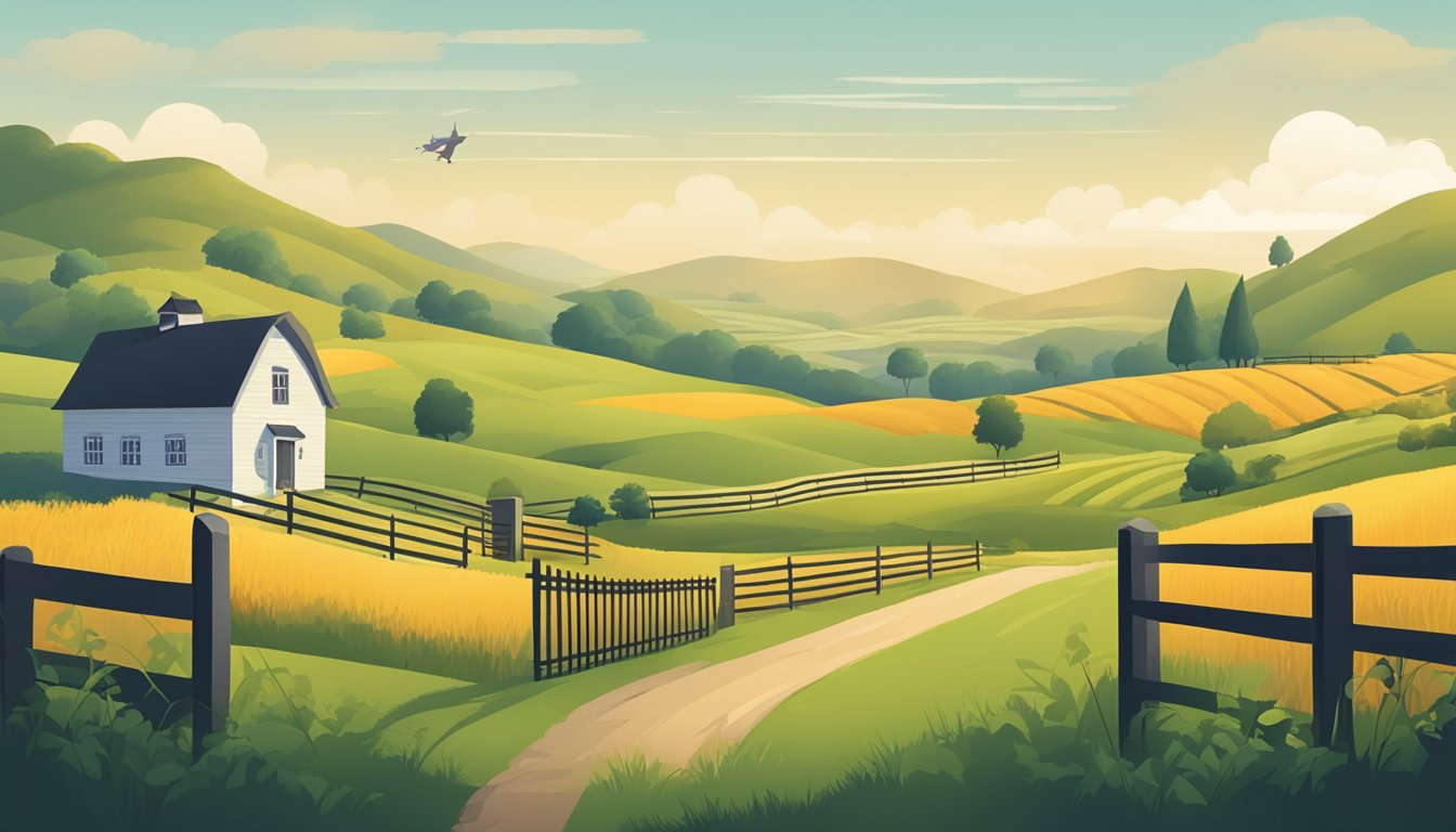 A rural landscape with rolling hills, a farmhouse, and a fence. A GPS signal icon and a locked digital padlock symbolize geolocation and digital access issues