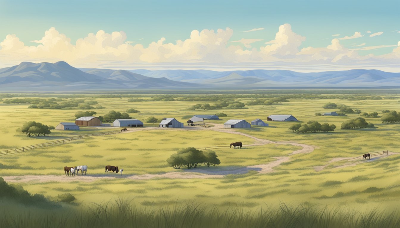 A sprawling ranch in Coke County, Texas, with wide open fields and grazing livestock, under a clear blue sky