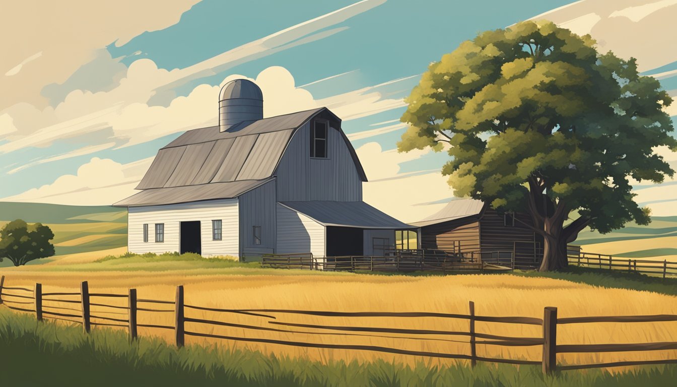 A rural landscape in Cooke County, Texas, with a farmhouse, barn, and fields of crops or livestock, surrounded by rolling hills and a big Texas sky