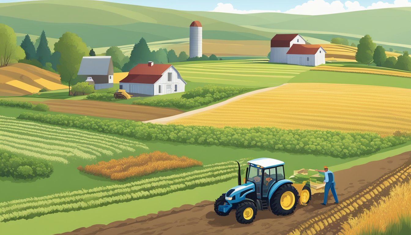 A rural landscape with a farmhouse, barn, and open fields. A tractor is working the land, while a farmer fills out paperwork at a table