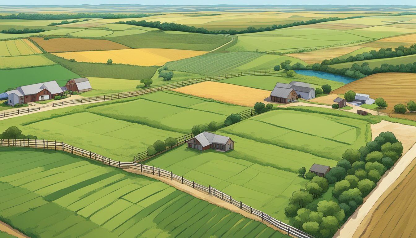 A sprawling landscape in Cooke County, Texas, with fields of crops and grazing livestock, surrounded by a fence and a sign indicating agricultural exemption