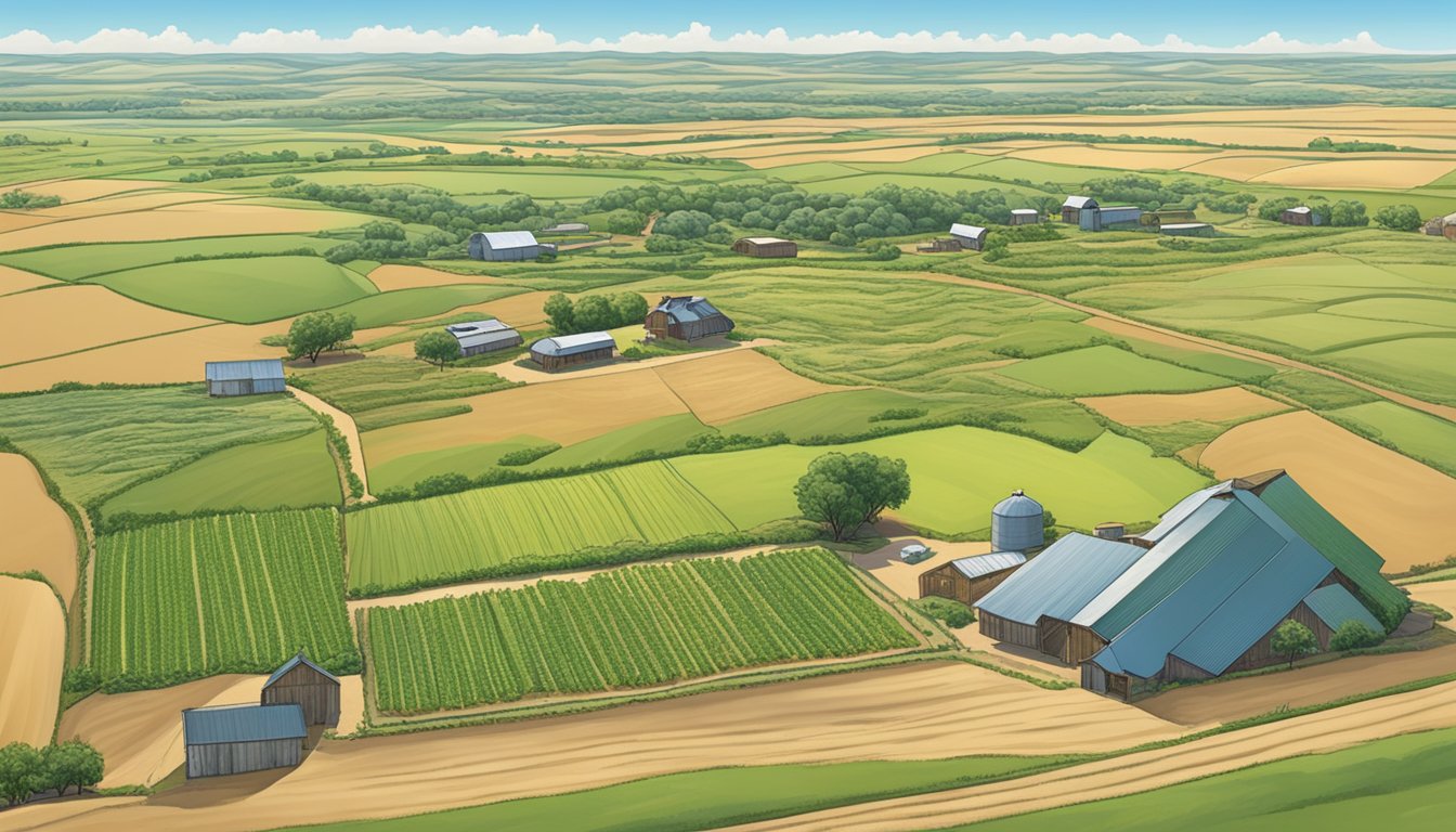 A sprawling farm in Childress County, Texas, with vast fields of crops and grazing livestock, surrounded by rolling hills and a clear blue sky