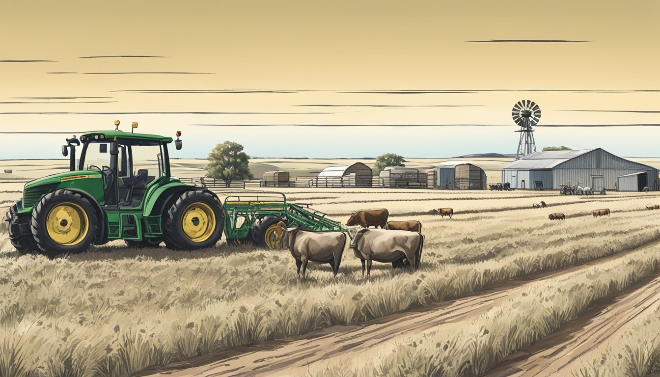 A rural landscape with farmland, cattle, and agricultural equipment under a clear sky in Childress County, Texas