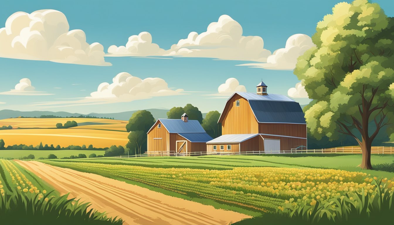 A rural landscape with a farmhouse, barn, and fields of crops under a clear blue sky