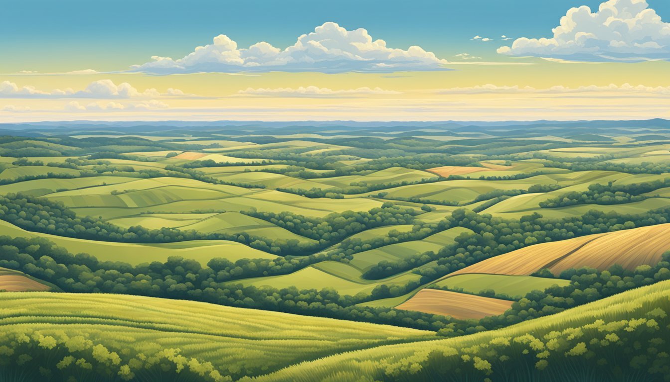 A sprawling Texas landscape with rolling hills and fields of timber, under a clear blue sky