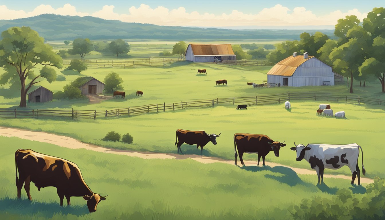 A sprawling Texas landscape with cattle grazing in a field, a farmhouse, and a clear blue sky