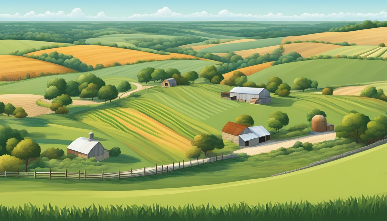 Rolling hills of farmland in Comal County, Texas with crops and livestock, surrounded by fences and a farmhouse